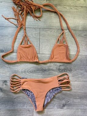 acacia swimwear Brown Strappy Triangle Bikini with Braided Ties